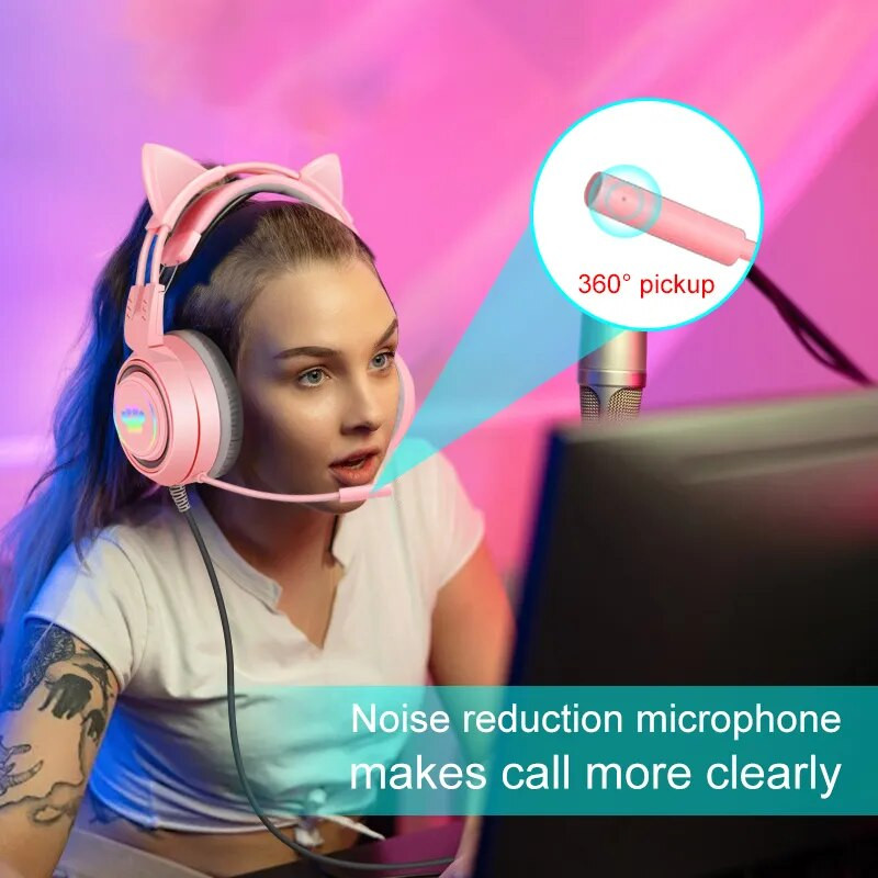 QearFun HiFi Stereo PC slušalice Gamer Girls Pink Cat Slušalice s mikrofonom RGB svjetlo za PS4 Laptop Telefon Žičane slušalice
