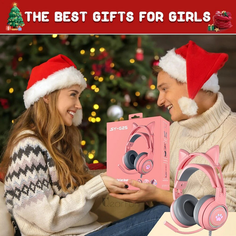 QearFun HiFi Stereo PC slušalice Gamer Girls Pink Cat Slušalice s mikrofonom RGB svjetlo za PS4 Laptop Telefon Žičane slušalice