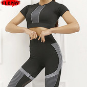 Ženske bešavne joga trenirke od 2 komada Sportsko odijelo za fitnes Gimnastička odjeća Odjeća za vježbanje Dugih rukava Kratka majica za teretanu Tajice visokog struka