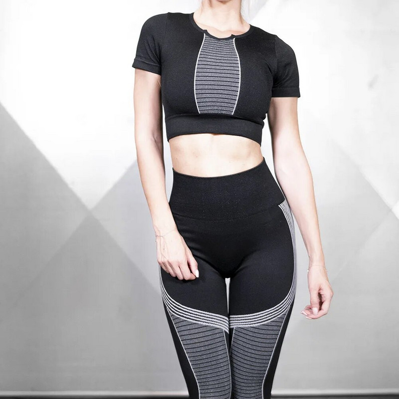 Ženske bešavne joga trenirke od 2 komada Sportsko odijelo za fitnes Gimnastička odjeća Odjeća za vježbanje Dugih rukava Kratka majica za teretanu Tajice visokog struka