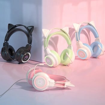 Cat Ear Gaming Headphones for PC Ακουστικά gaming υπολογιστή με μικρόφωνο Noise Cancell Ενσύρματο βύσμα USB 3,5 mm για PS4/Xbox One