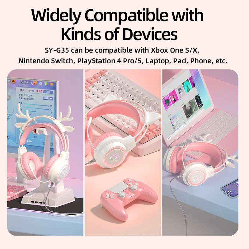 Slušalice za igrice s mačjim ušima za PC, slušalice za računalne igre s mikrofonom, poništavanje buke, žičani USB 3,5 mm utikač za PS4/Xbox One