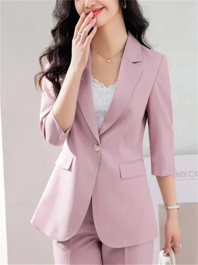 Yitimuceng Uredski ženski dvodijelni setovi Ženska odjeća Ljeto 2023. Sako sa jednim gumbom kratkih rukava Ležerna jednobojna odijela s hlačama