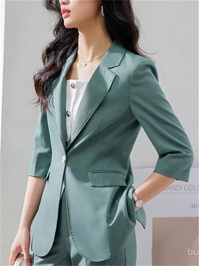 Yitimuceng Uredski ženski dvodijelni setovi Ženska odjeća Ljeto 2023. Sako sa jednim gumbom kratkih rukava Ležerna jednobojna odijela s hlačama