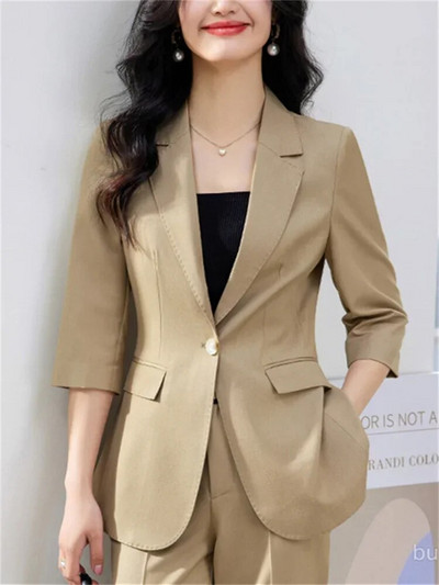 Yitimuceng Uredski ženski dvodijelni setovi Ženska odjeća Ljeto 2023. Sako sa jednim gumbom kratkih rukava Ležerna jednobojna odijela s hlačama