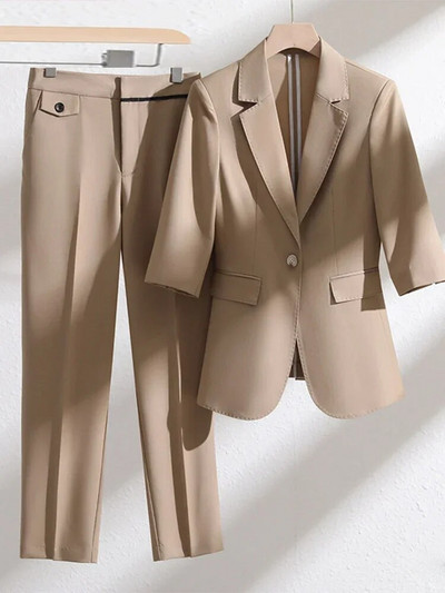 Yitimuceng Uredski ženski dvodijelni setovi Ženska odjeća Ljeto 2023. Sako sa jednim gumbom kratkih rukava Ležerna jednobojna odijela s hlačama