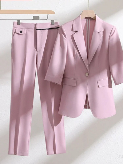 Yitimuceng Uredski ženski dvodijelni setovi Ženska odjeća Ljeto 2023. Sako sa jednim gumbom kratkih rukava Ležerna jednobojna odijela s hlačama