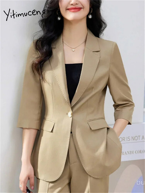 Yitimuceng Uredski ženski dvodijelni setovi Ženska odjeća Ljeto 2023. Sako sa jednim gumbom kratkih rukava Ležerna jednobojna odijela s hlačama