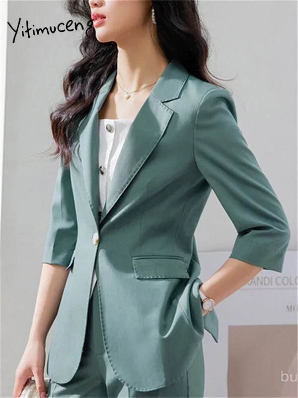 Yitimuceng Uredski ženski dvodijelni setovi Ženska odjeća Ljeto 2023. Sako sa jednim gumbom kratkih rukava Ležerna jednobojna odijela s hlačama