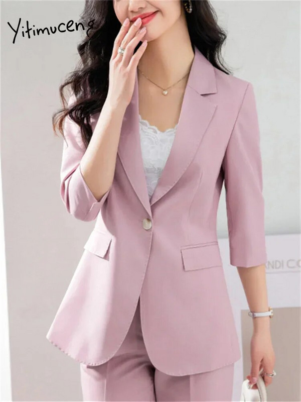 Yitimuceng Uredski ženski dvodijelni setovi Ženska odjeća Ljeto 2023. Sako sa jednim gumbom kratkih rukava Ležerna jednobojna odijela s hlačama