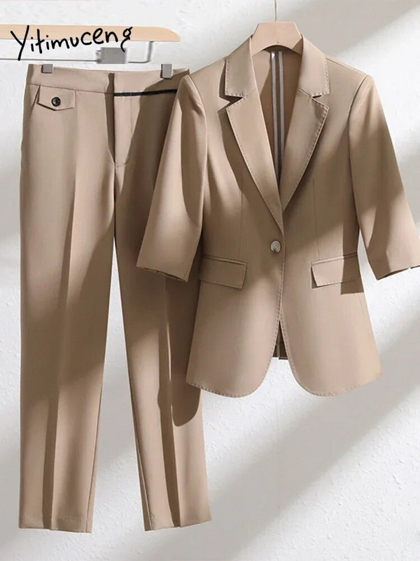 Yitimuceng Uredski ženski dvodijelni setovi Ženska odjeća Ljeto 2023. Sako sa jednim gumbom kratkih rukava Ležerna jednobojna odijela s hlačama