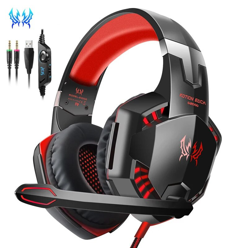 KOTION EACH G2000 Gaming slušalice Deep Bass Stereo žičane računalne LED osvijetljene slušalice s mikrofonom za PS4 XBOX PC igrače