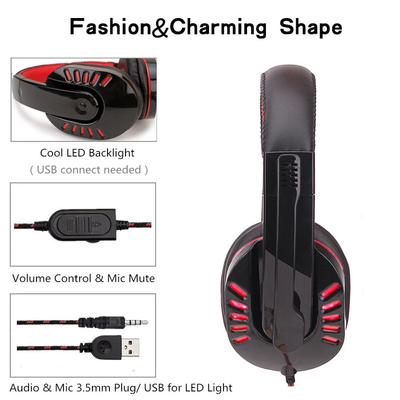 Gaming slušalice s LED svjetlom 3 5 mm USB konektor Računalna igraća konzola Žičana kontrola Slušalica Slušalica Crno Crvena
