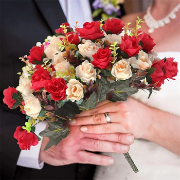 12 κεφάλια τριαντάφυλλα τεχνητά λουλούδια Ψεύτικα δίχρωμα λουλούδια με μίσχους Faux τριαντάφυλλα μπουκέτα λουλουδιών για διακόσμηση γάμου στο σπίτι