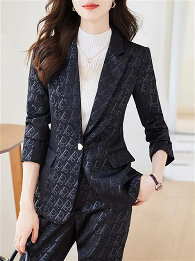 Fotvotee plāni biroja sieviešu divdaļīgie komplekti, sieviešu tērpi 2023. gada noliekt apkakli, vienas pogas žakete, solīdi ikdienas bikškostīmi