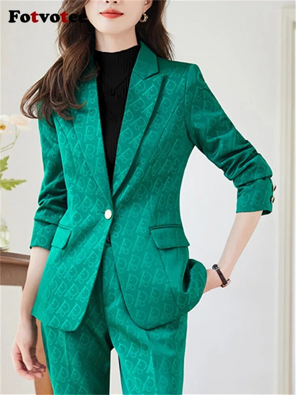 Fotvotee plāni biroja sieviešu divdaļīgie komplekti, sieviešu tērpi 2023. gada noliekt apkakli, vienas pogas žakete, solīdi ikdienas bikškostīmi