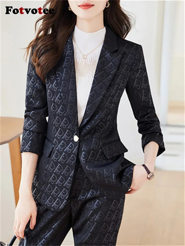Fotvotee plāni biroja sieviešu divdaļīgie komplekti, sieviešu tērpi 2023. gada noliekt apkakli, vienas pogas žakete, solīdi ikdienas bikškostīmi