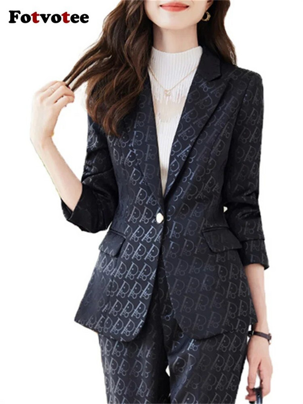 Fotvotee plāni biroja sieviešu divdaļīgie komplekti, sieviešu tērpi 2023. gada noliekt apkakli, vienas pogas žakete, solīdi ikdienas bikškostīmi