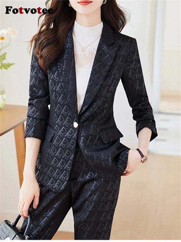 Fotvotee plāni biroja sieviešu divdaļīgie komplekti, sieviešu tērpi 2023. gada noliekt apkakli, vienas pogas žakete, solīdi ikdienas bikškostīmi
