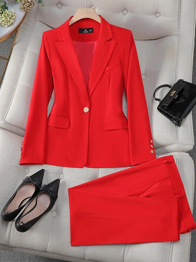 Žensko formalno odijelo s hlačama Komplet od 2 komada Ženski kaki bež boja kave Ružičasto Crveno Plava Ženska poslovna radna odjeća Sako i hlače