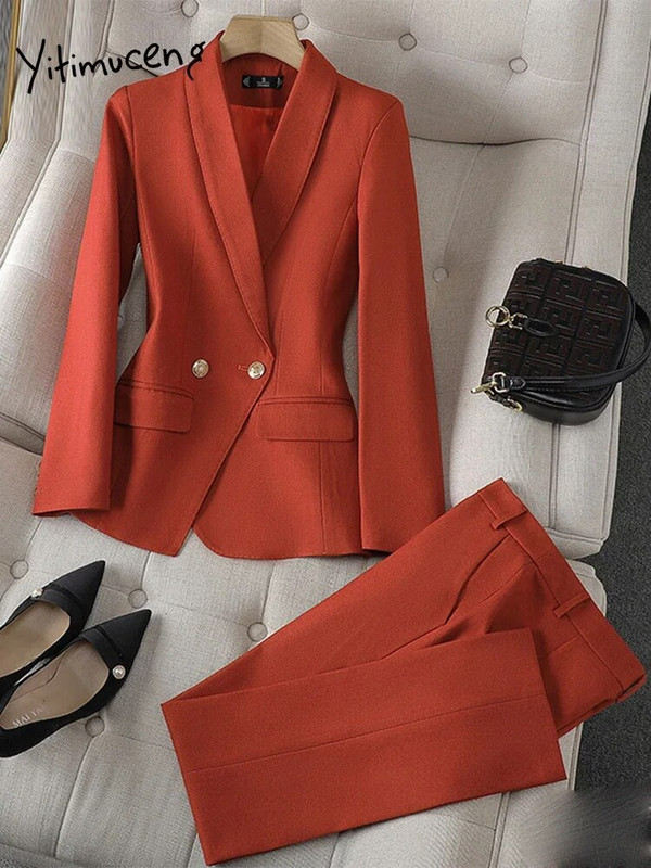 Yitimuceng Uredski ženski dvodijelni kompleti Ženska odjeća 2023. Sakoi s dvostrukim kopčanjem s otvorenim ovratnikom Jednobojni ležerni odijela s hlačama
