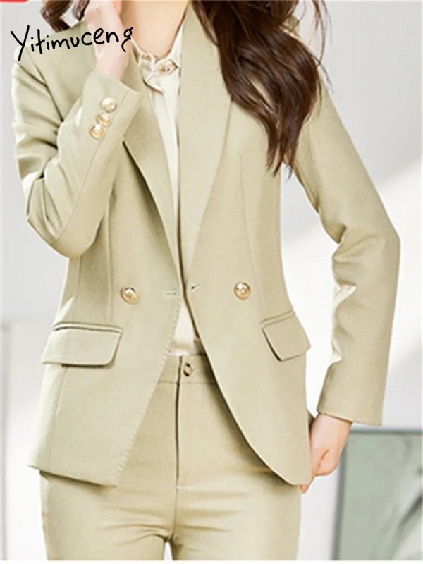 Yitimuceng Uredski ženski dvodijelni kompleti Ženska odjeća 2023. Sakoi s dvostrukim kopčanjem s otvorenim ovratnikom Jednobojni ležerni odijela s hlačama