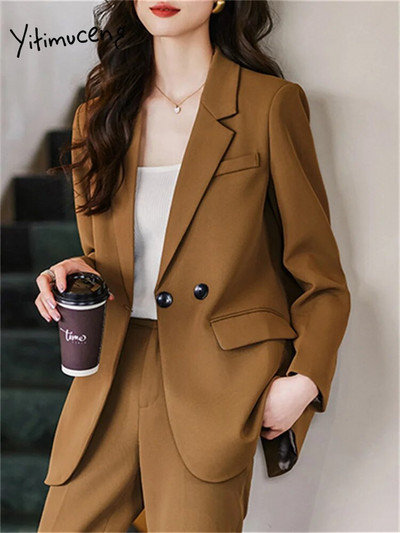 Yitimuceng Coffee Color Two Piece Σετ Γυναικεία 2023 Κομψά Γυναικεία Γυναικεία Διπλό Μπλέιζερ Νέα Μόδα Μολύβι Παντελόνι