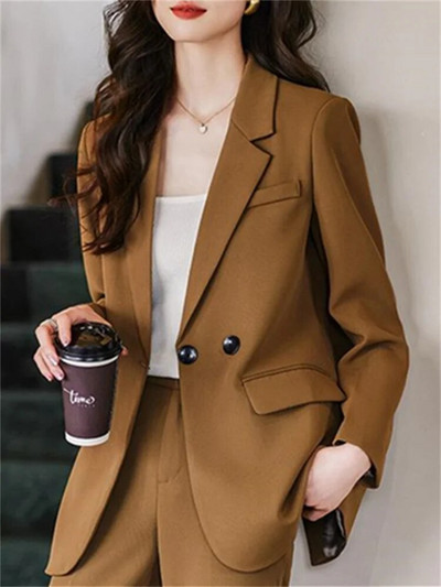 Yitimuceng dvodijelni setovi u boji kave, elegantni ženski uredski ženski sako s dvostrukim kopčanjem iz 2023., nova modna odijela s pencil hlačama