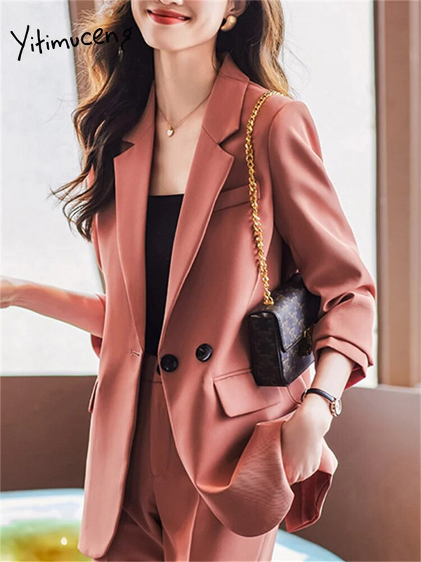 Yitimuceng dvodijelni setovi u boji kave, elegantni ženski uredski ženski sako s dvostrukim kopčanjem iz 2023., nova modna odijela s pencil hlačama