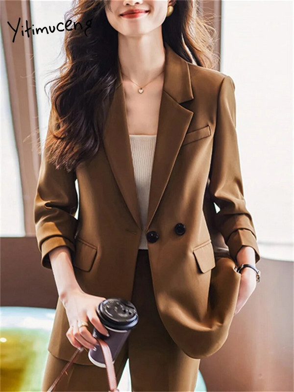 Yitimuceng dvodijelni setovi u boji kave, elegantni ženski uredski ženski sako s dvostrukim kopčanjem iz 2023., nova modna odijela s pencil hlačama