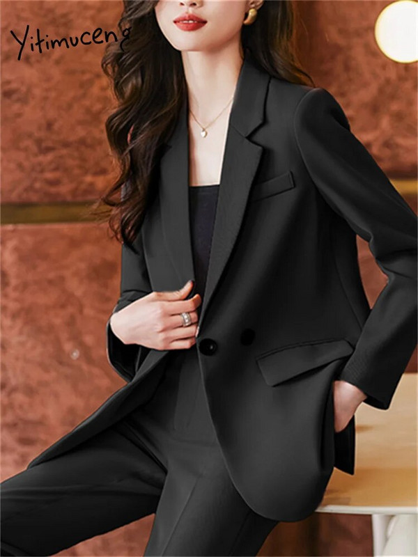 Yitimuceng dvodijelni setovi u boji kave, elegantni ženski uredski ženski sako s dvostrukim kopčanjem iz 2023., nova modna odijela s pencil hlačama