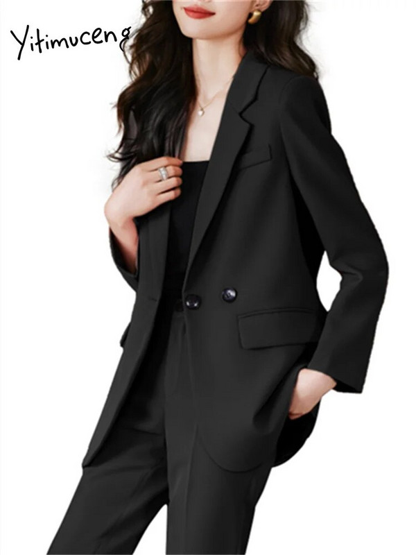 Yitimuceng dvodijelni setovi u boji kave, elegantni ženski uredski ženski sako s dvostrukim kopčanjem iz 2023., nova modna odijela s pencil hlačama