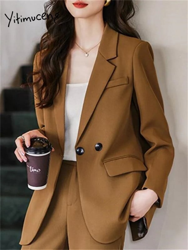 Yitimuceng dvodijelni setovi u boji kave, elegantni ženski uredski ženski sako s dvostrukim kopčanjem iz 2023., nova modna odijela s pencil hlačama