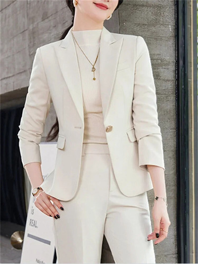Fotvotee plāni biroja sieviešu divdaļīgie komplekti, sieviešu tērpi 2023. gada noliekt apkakli, vienas pogas žakete, solīdi ikdienas bikškostīmi