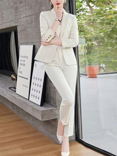 Fotvotee plāni biroja sieviešu divdaļīgie komplekti, sieviešu tērpi 2023. gada noliekt apkakli, vienas pogas žakete, solīdi ikdienas bikškostīmi