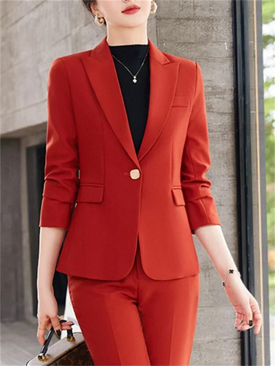 Fotvotee plāni biroja sieviešu divdaļīgie komplekti, sieviešu tērpi 2023. gada noliekt apkakli, vienas pogas žakete, solīdi ikdienas bikškostīmi