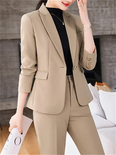 Fotvotee plāni biroja sieviešu divdaļīgie komplekti, sieviešu tērpi 2023. gada noliekt apkakli, vienas pogas žakete, solīdi ikdienas bikškostīmi