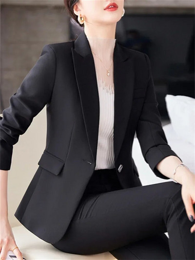 Fotvotee plāni biroja sieviešu divdaļīgie komplekti, sieviešu tērpi 2023. gada noliekt apkakli, vienas pogas žakete, solīdi ikdienas bikškostīmi