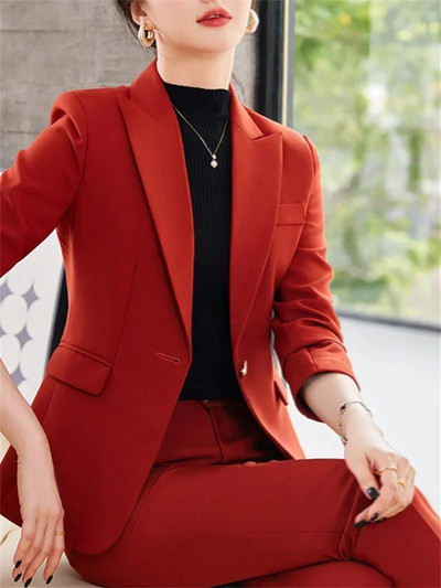 Fotvotee plāni biroja sieviešu divdaļīgie komplekti, sieviešu tērpi 2023. gada noliekt apkakli, vienas pogas žakete, solīdi ikdienas bikškostīmi