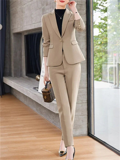 Fotvotee plāni biroja sieviešu divdaļīgie komplekti, sieviešu tērpi 2023. gada noliekt apkakli, vienas pogas žakete, solīdi ikdienas bikškostīmi