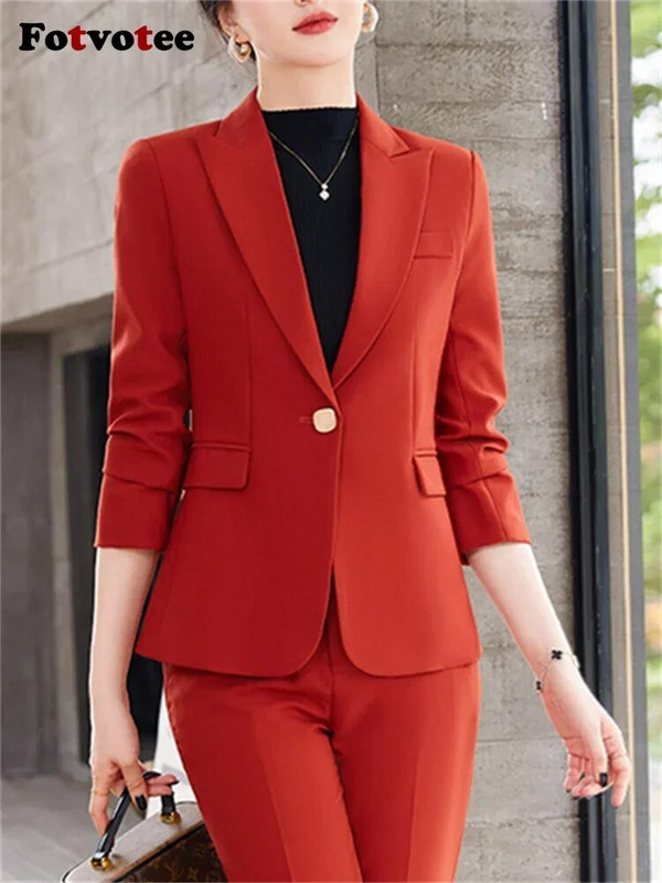 Fotvotee plāni biroja sieviešu divdaļīgie komplekti, sieviešu tērpi 2023. gada noliekt apkakli, vienas pogas žakete, solīdi ikdienas bikškostīmi