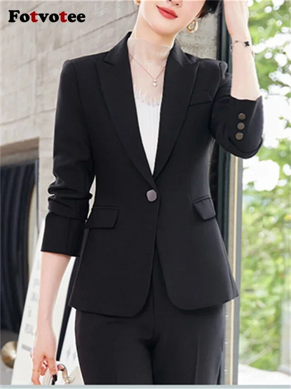 Fotvotee plāni biroja sieviešu divdaļīgie komplekti, sieviešu tērpi 2023. gada noliekt apkakli, vienas pogas žakete, solīdi ikdienas bikškostīmi