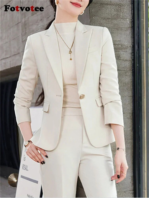 Fotvotee plāni biroja sieviešu divdaļīgie komplekti, sieviešu tērpi 2023. gada noliekt apkakli, vienas pogas žakete, solīdi ikdienas bikškostīmi