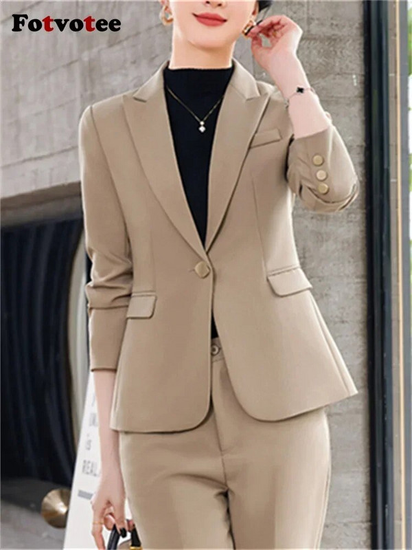 Fotvotee plāni biroja sieviešu divdaļīgie komplekti, sieviešu tērpi 2023. gada noliekt apkakli, vienas pogas žakete, solīdi ikdienas bikškostīmi