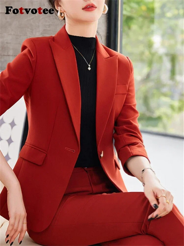Fotvotee plāni biroja sieviešu divdaļīgie komplekti, sieviešu tērpi 2023. gada noliekt apkakli, vienas pogas žakete, solīdi ikdienas bikškostīmi