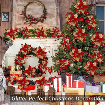 10/5 ΤΕΜ 14 εκ. Glitter Χρυσό Κόκκινο Χριστουγεννιάτικο Λουλούδι Τεχνητό Poinsettia Flower Head Διακόσμηση Χριστουγεννιάτικου Δέντρου Σπίτι Πρωτοχρονιάτικο Δώρο Navidad