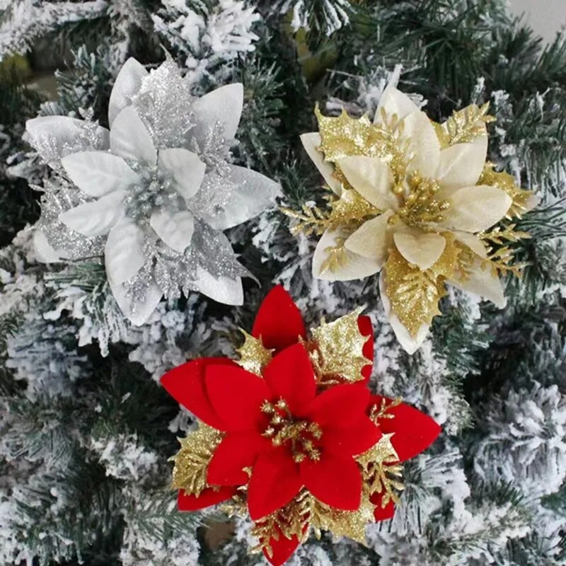 10/5 KOM 14 cm svjetlucavi zlatno crveni božićni cvijet Umjetni božićni cvijet Poinsettia Ukras za božićno drvce Dom Nova godina Navidad Poklon