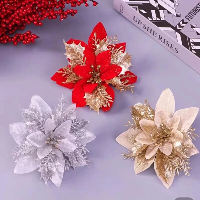 10/5 KOM 14 cm svjetlucavi zlatno crveni božićni cvijet Umjetni božićni cvijet Poinsettia Ukras za božićno drvce Dom Nova godina Navidad Poklon