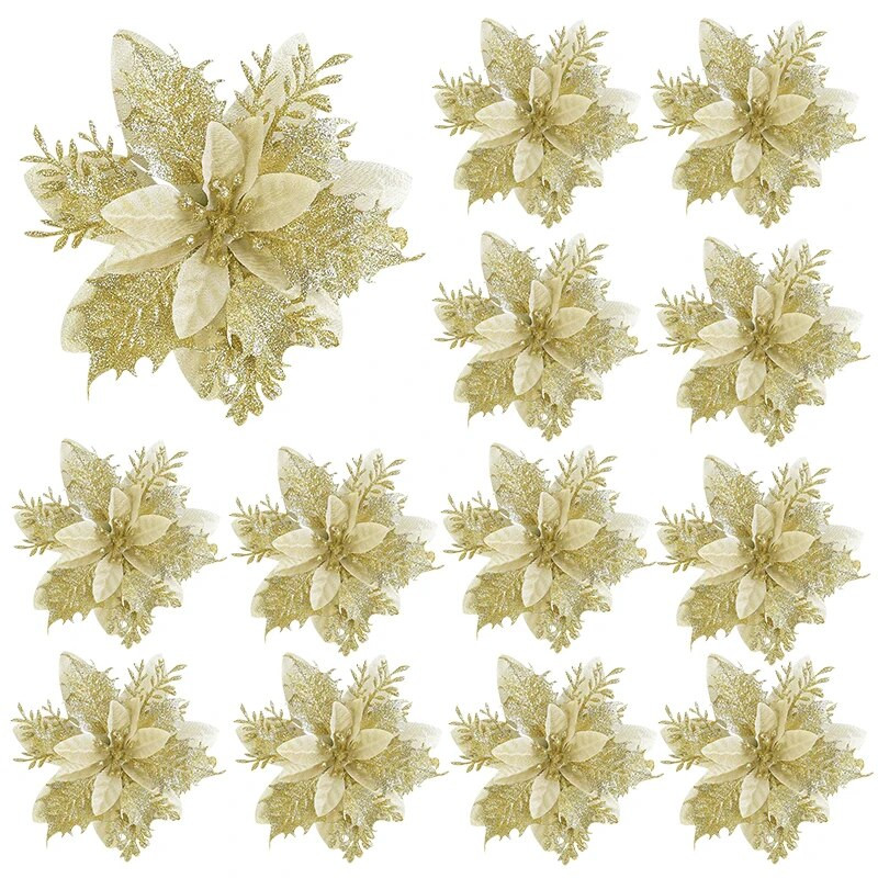 10/5 KOM 14 cm svjetlucavi zlatno crveni božićni cvijet Umjetni božićni cvijet Poinsettia Ukras za božićno drvce Dom Nova godina Navidad Poklon