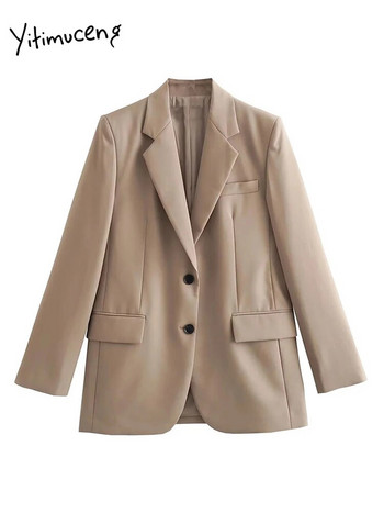 Yitimuceng Χαλαρά 3 τεμάχια Γυναικεία ρούχα γραφείου 2023 Νέα μόδα μακρυμάνικα σακάκια κομψά γιλέκα με κουμπιά επάνω Vintage κοστούμια παντελονιού